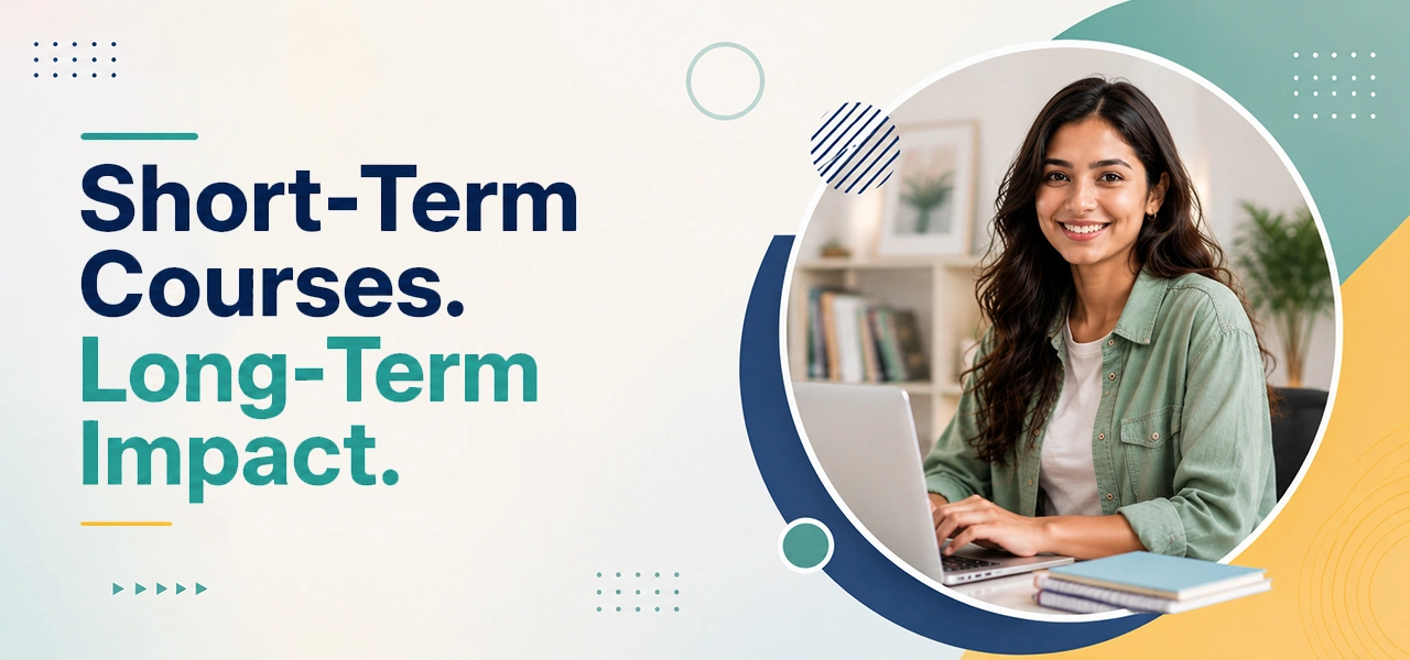 teal-yellow-banner-headline-short-term-courses-long-term-impact-beside-smiling-woman-working-laptop-circular-frame