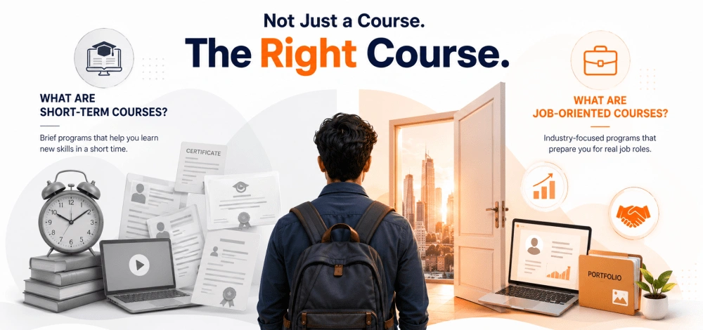 infographic-titled-not-just-course-right-course-contrasting-short-term-courses-books-certificates-clock-job-oriented-courses-portfolio-growth-chart-handshake-centered-man-walking-toward-bright-city-skyline-open-door